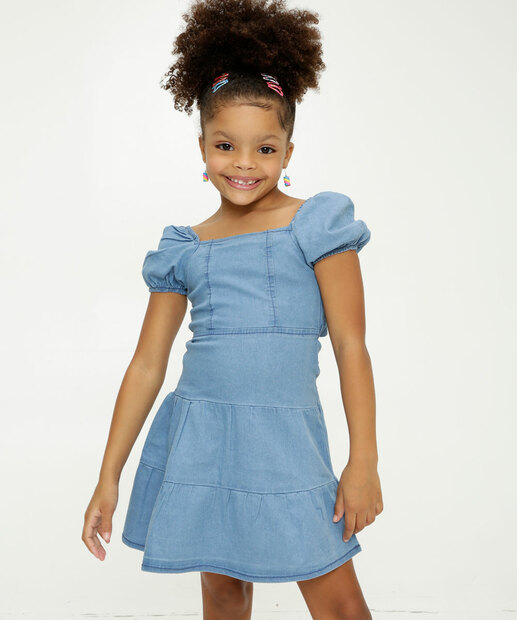 Vestido Infantil Manga Curta Jeans Marisa Tam 4 a 10