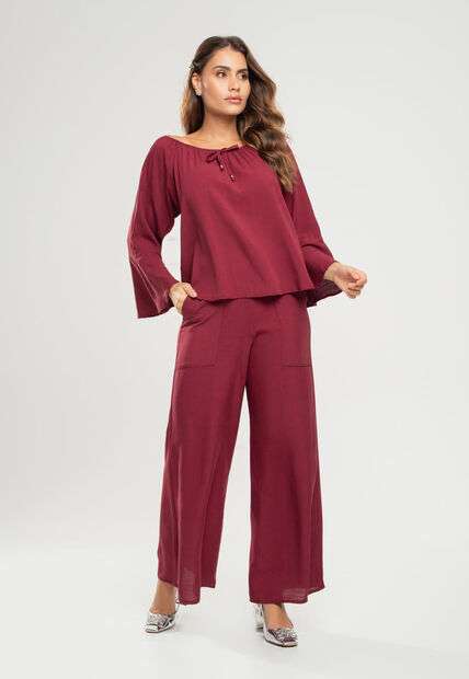 Blusa Ciganinha Manga Longa Flare Viscolinho Vinho Salvatore