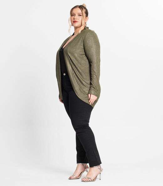 Cardigan Plus Size Em Ribana Canelada Secret Glam Verde
