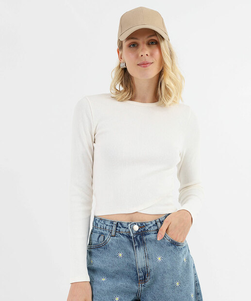 Blusa Cropped Feminina Canelada Manga Longa Marisa Branco