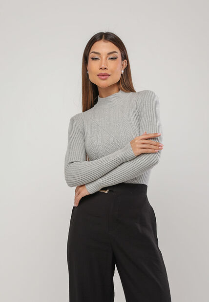 Image_Blusa de Tricot Modal com Gola Alta e Manga Canelada Cinza Salvatore