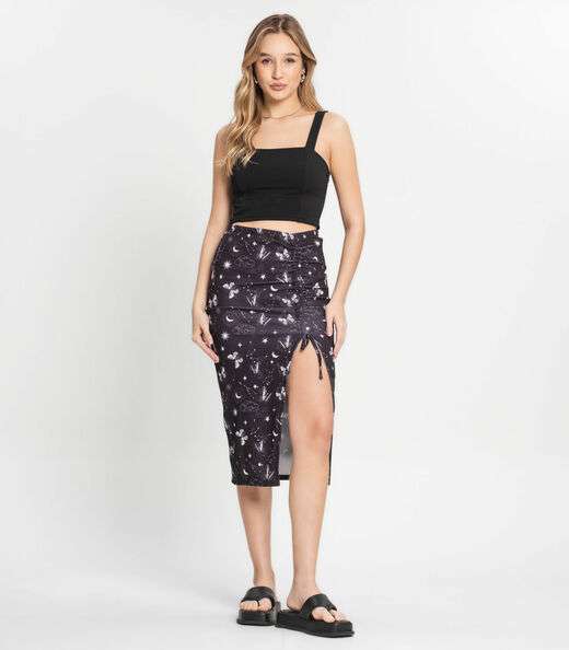 Saia Midi Estampada Com Fenda Ajustável Select Preto