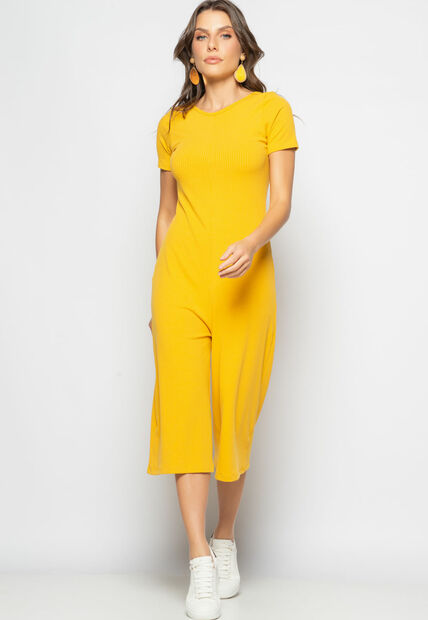 Macacão Pantacourt Manga Curta Costas Em V Canelado Mostarda Salvatore