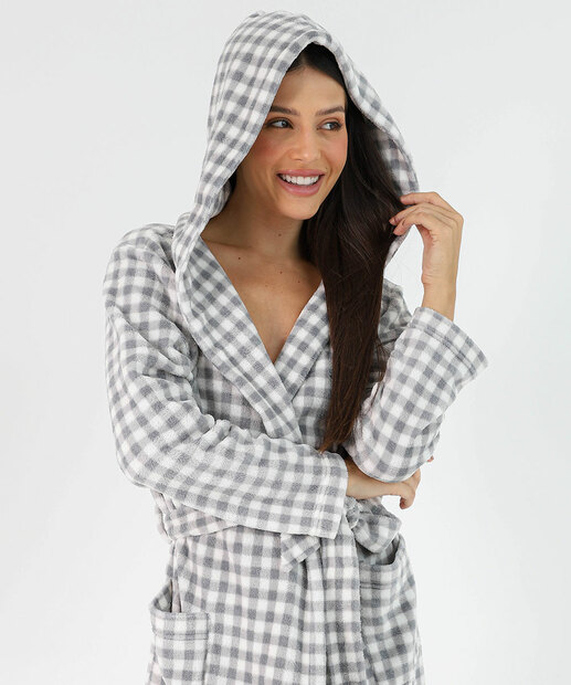 Roupão Feminino Xadrez com Amarração Marisa Cinza