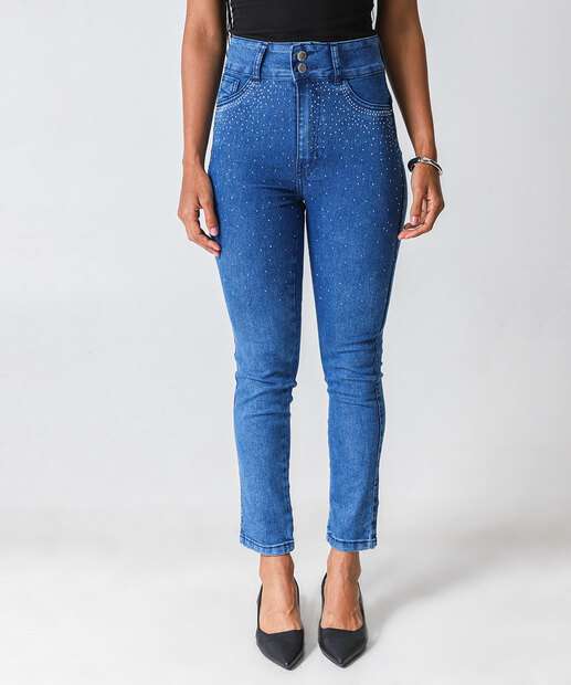 Calça Jeans Skinny Feminina Strass Azul