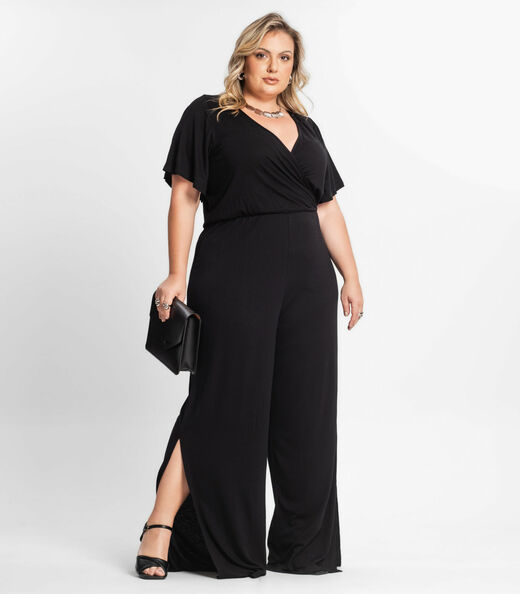 Macacão Pantalona Feminino Plus Size Secret Glam Preto
