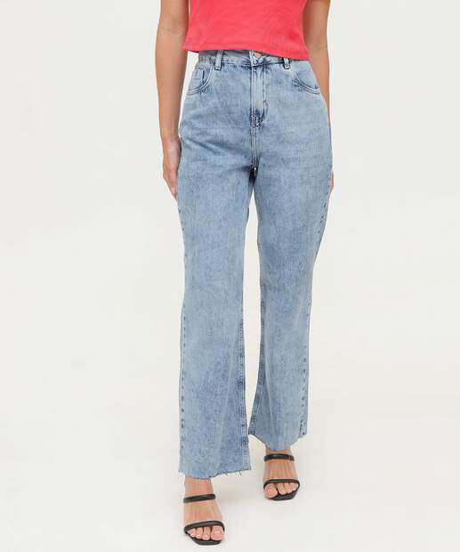 Calça Jeans Reta Feminina Bolsos 