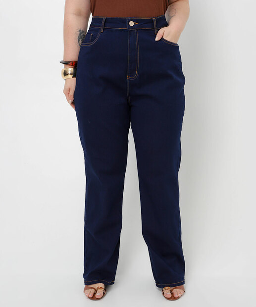 Calça Plus Size Feminina Wide Leg Jeans Sawary Azul 