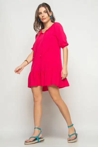 Vestido Curto Viscolinho Com Babado Rosa Salvatore Fashion