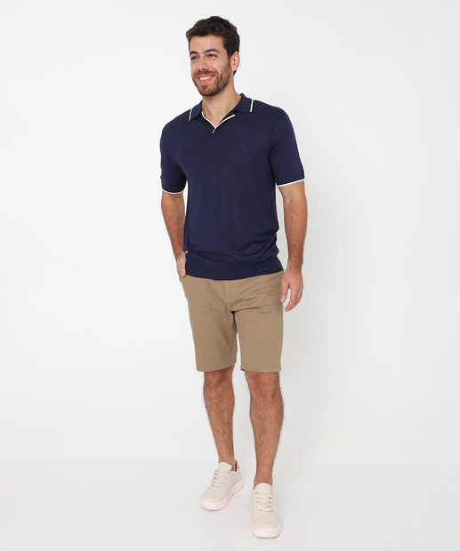 Polo Masculina Tricô Retilínea Manga Curta Marisa Azul