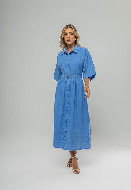Vestido Midi Chemise Com Cinto Azul Salvatore