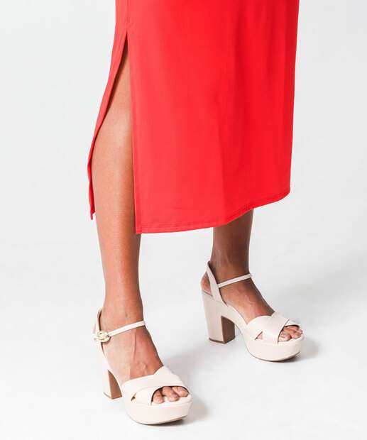 Vestido Midi Feminino Fenda Alças Finas Marisa Vermelho