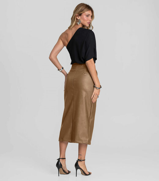 Saia Midi Feminina Courino Com Fenda Dianna Marrom