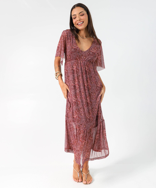 Vestido Feminino Midi Tule Estampa Paisley Marisa Vinho