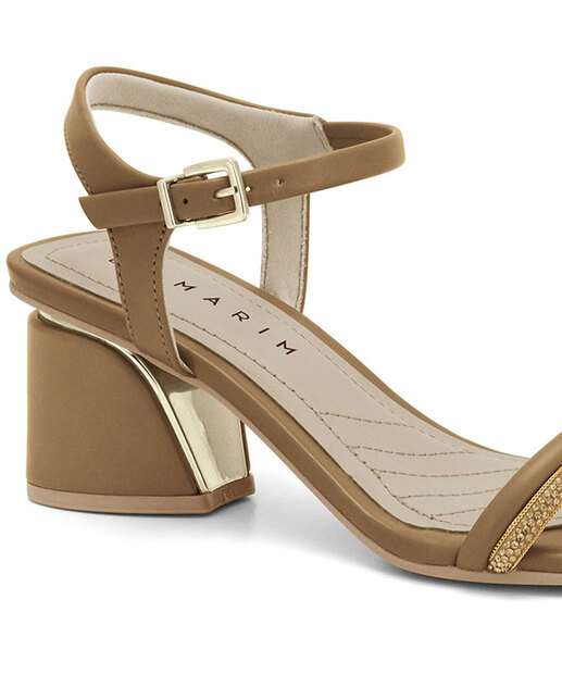 Sandália Salto Grosso Feminina Strass Ramarim Bege 2428202