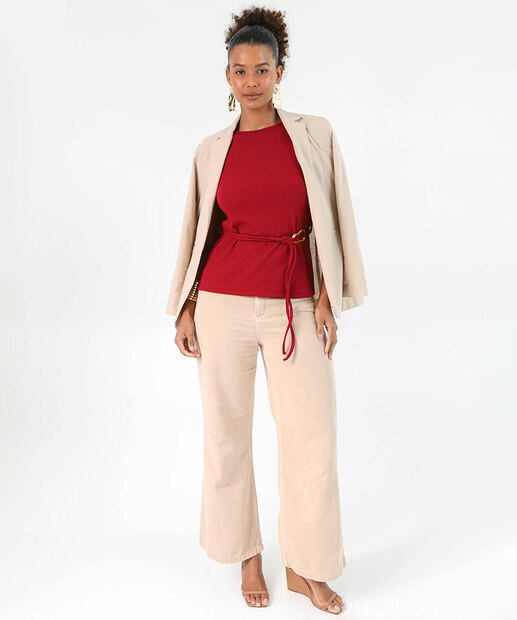 Calça Wide Leg Feminina Sarja Bolsos 