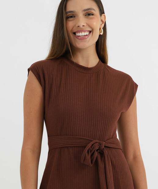 Vestido Feminino Canelado Midi Fenda Marisa Marrom