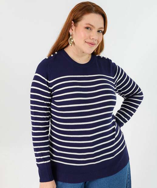 Image_Suéter Plus Size Feminino Tricô Listrado Pérolas Marisa Azul