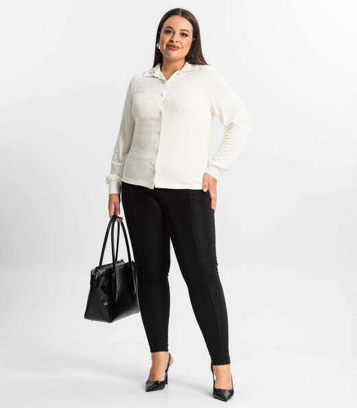 Camisa Plus Size Manga Longa Feminina Secret Glam Bege