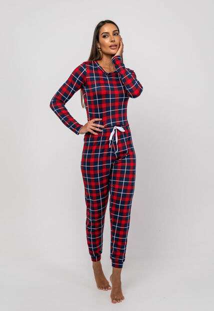 Pijama Calça e Blusa M/L Malha Xadrez Vermelho Salvatore Fashion