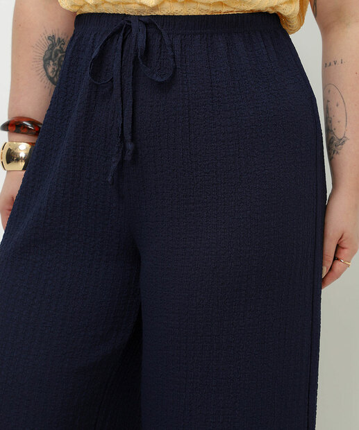 Calça Plus Size Feminina Pantalona Crinkle Marisa Azul