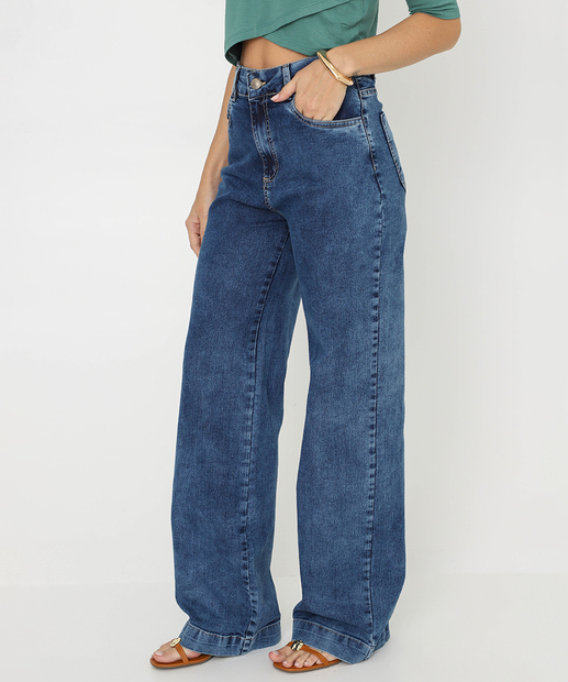 Calça Jeans Wide Leg Bolsos Feminina Sawary Azul