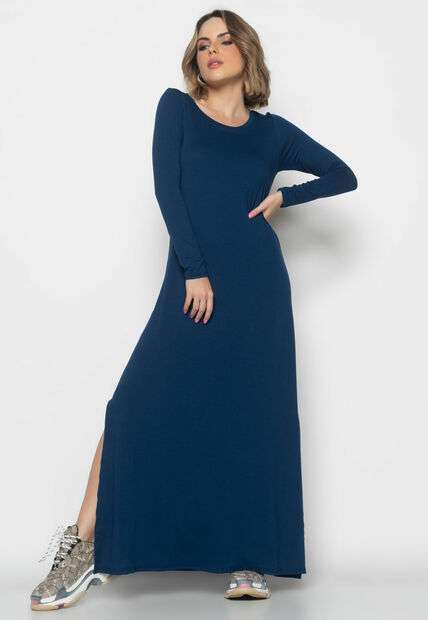 Vestido Longo Manga Longa Malha Azul Salvatore Fashion