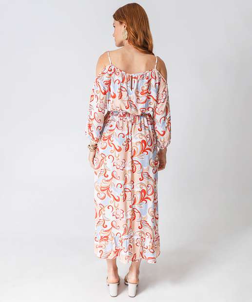 Vestido Midi Feminino Open Shoulder Estampado Marisa Bege