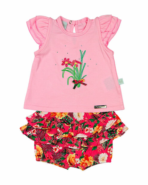Conjunto Bebê Cotton e Malha Estampa Digital Tropical Flores - Rosa