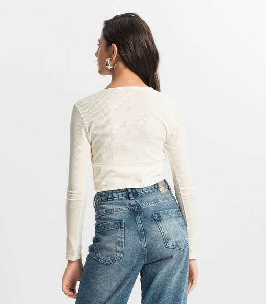 Blusa Cropped Juvenil Manga Longa Minty Bege