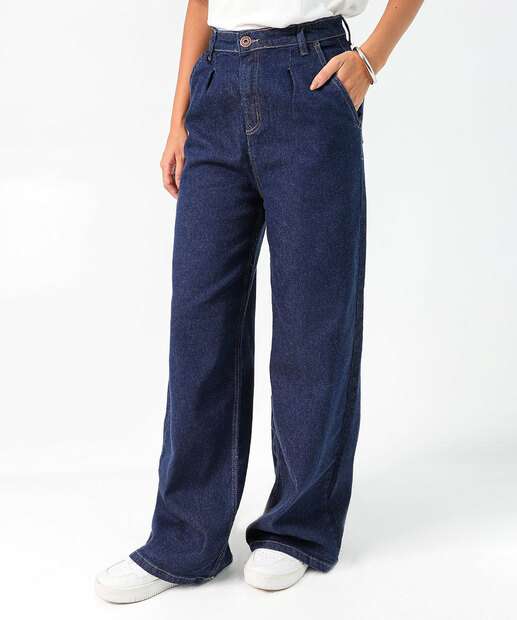 Calça Jeans Wide Leg Bolsos Feminina Azul