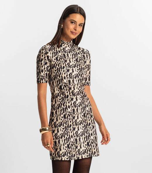 Vestido Feminino Curto Animal Print Rovitex Bege
