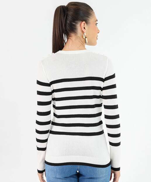Suéter Feminino Tricô Listrado Pérolas Marisa Off White