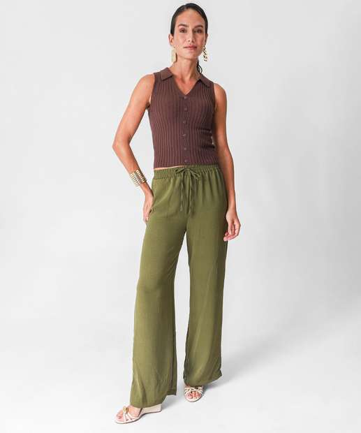 Blusa Polo Feminina Tricô Botões Sem Manga Marisa Marrom