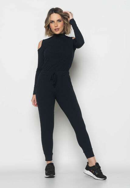 Conjunto Comfy Com Blusa Ombro Vazado M/L e Jogger Canelada Preto Salvatore