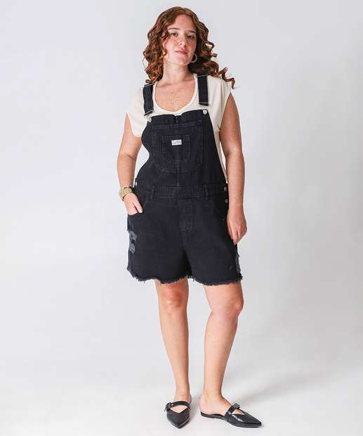 Jardineira Plus Size Feminina Jeans Destroyed Preto