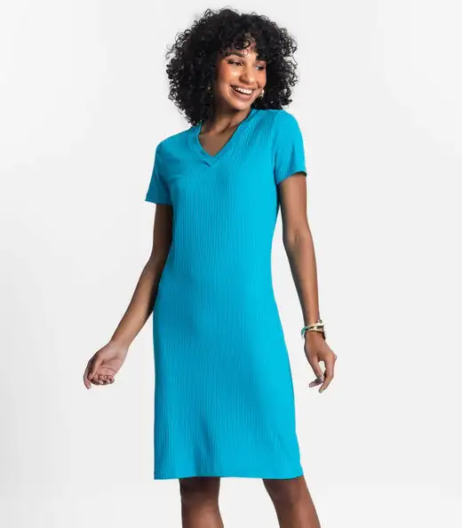 Vestido Feminino Em Ribana Canelada Rovitex Azul