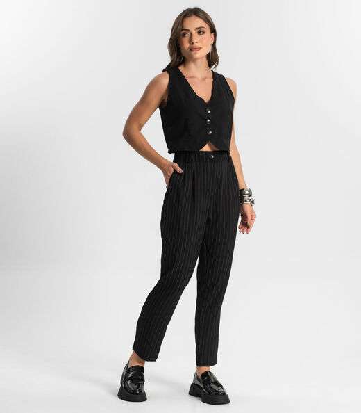 Calça Alfaiataria Cenoura De Risca Giz Style Box Preto
