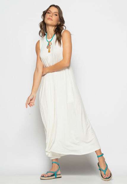 Vestido Longo Regata Com Bolsos Marfim Salvatore