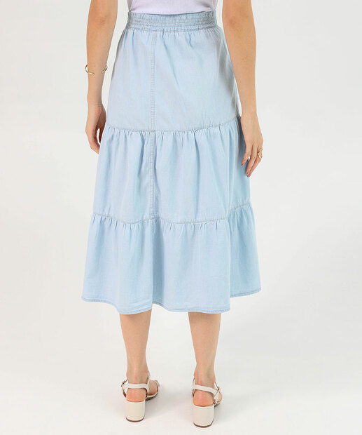 Saia Midi Feminina Azul Claro com Babados Marisa
