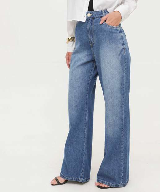 Calça Jeans Wide Leg Feminina Bolsos 