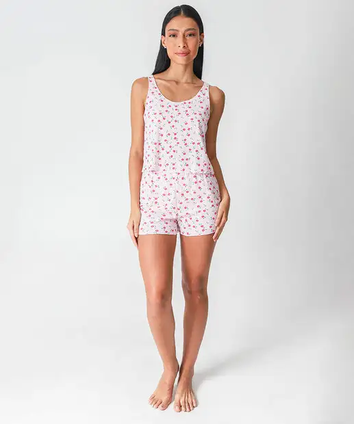 Pijama Feminino Canelado Flores Sem Manga Marisa Rosa