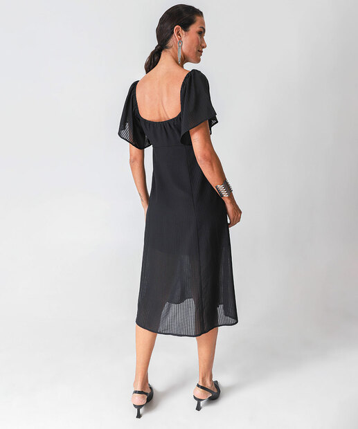 Vestido Feminino Midi Textura Fenda Marisa Preto