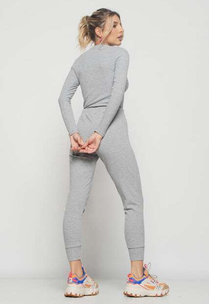 Kit 3 Blusas  Básica Manga Longa e Gola Redonda Canelada Preta, Branca e Mescla