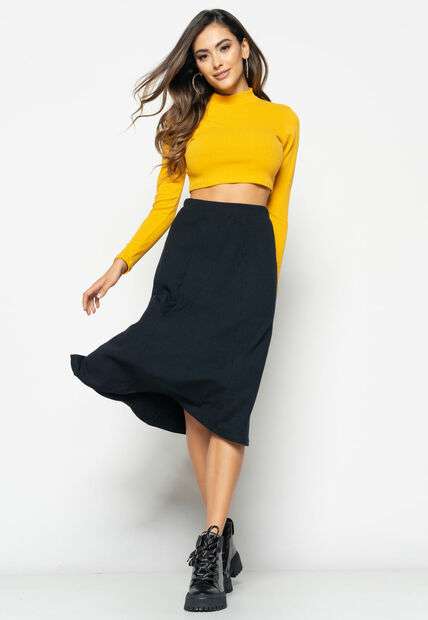 Cropped  Gola Alta Manga Longa Comfy Malha Canelada Mostarda