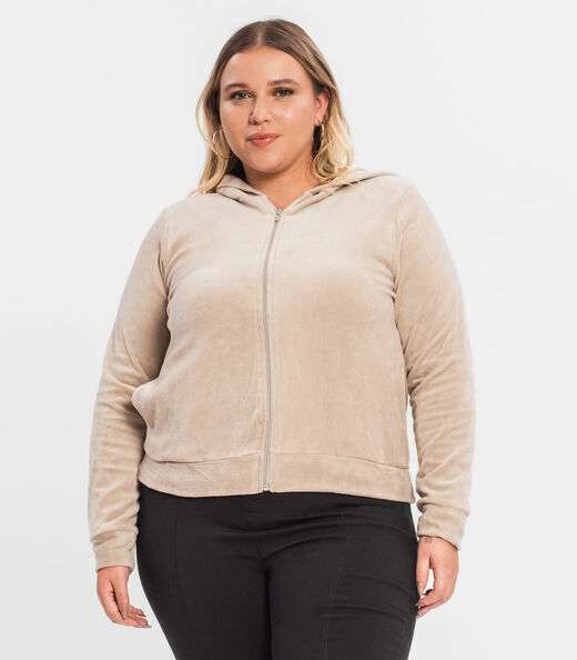 Jaqueta com Capuz Plush Secret Glam Bege