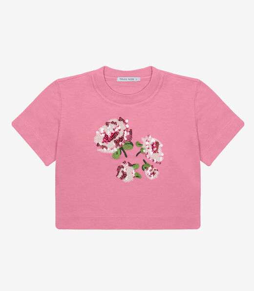 Blusa Manga Curta Aplique Lantejoulas Trick Nick Rosa