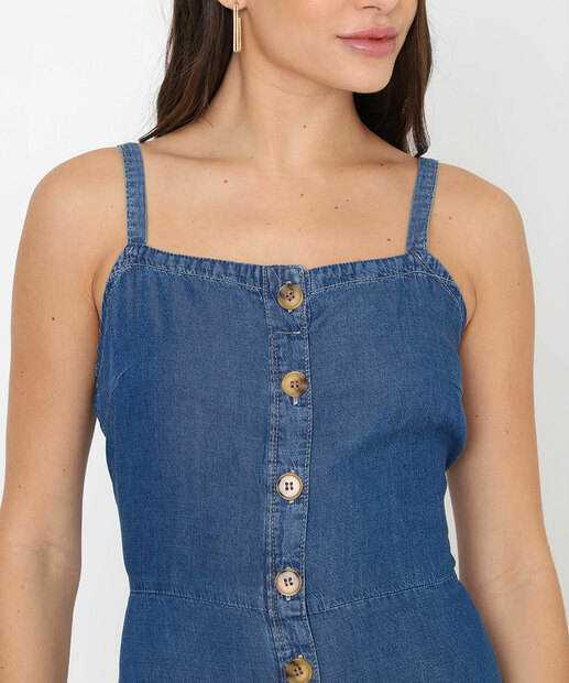 Vestido Feminino Midi Jeans Babado Botões Marisa Azul