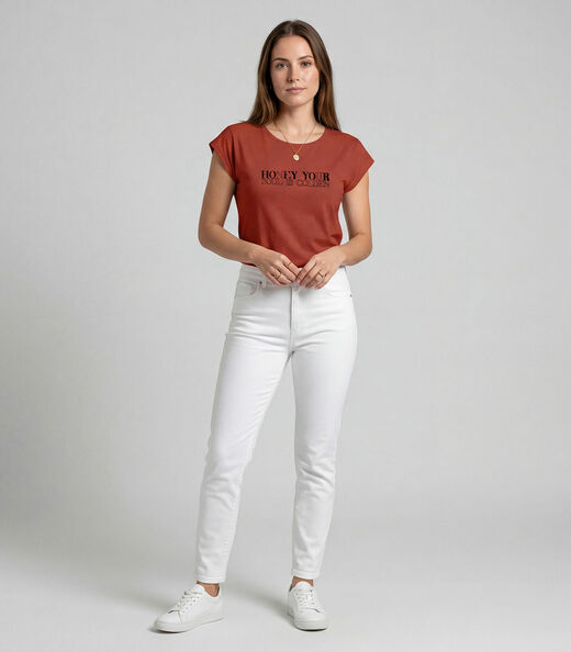 Blusa Feminina Manga Curta Estampada Infinita Cor Laranja