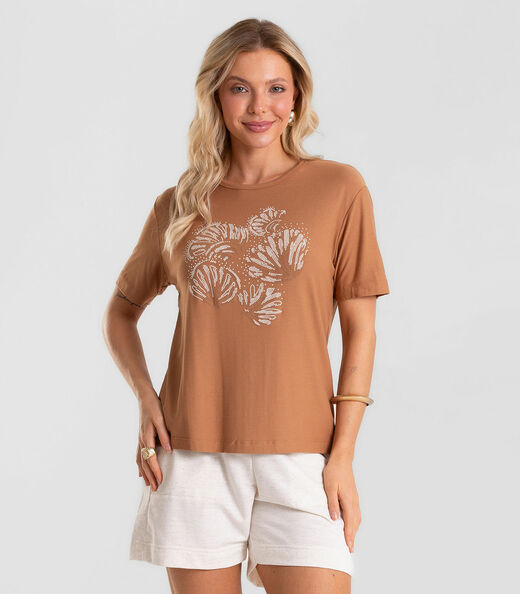 Blusa Feminina Visco Creponada Com Estampa Rovitex Marrom